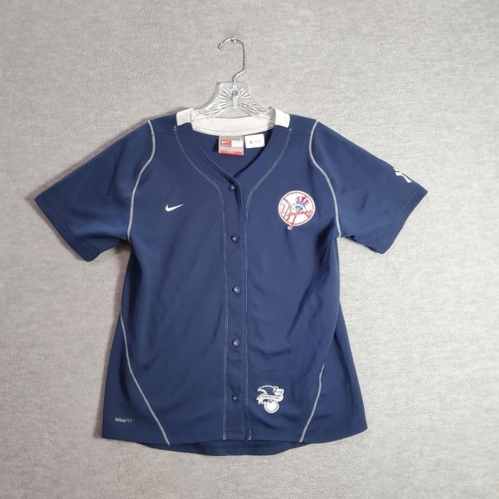 VINTAGE New York Yankees Boys Jersey Large Blue Nike Logo Embroidered Fit Dry
